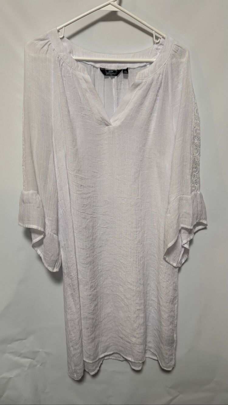 Mlle Gabrielle white gauze boho peasant tunic dress swim cover up size large NWO
